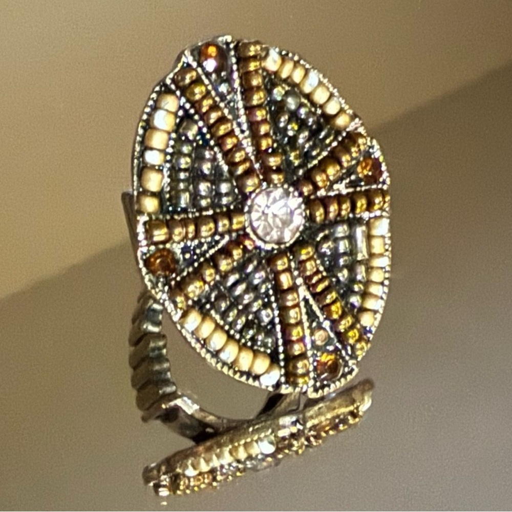 Stunning Trendy Bronze Rhinestone Cross Stretch Ring- Adjustable From Size 8+